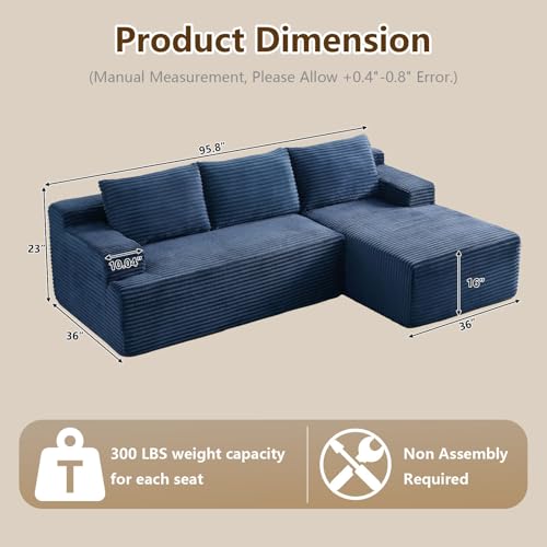 Image of 96.1 inch Modular Sectional Sofa Couches L-Shape Couch 3 Seat Modular Sofa Corduroy Memory Foam Sectional Boneless Couches for Living Room, Cloud Couch with Oversized Chaise(Blue, Right Facing)