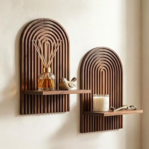 LIYAOLI Boho Shelves Bohemian Decorative,Vintage Wall Shelf Boho Chic Wall Decor for Living Room 2 Pieces 15 x 8.6 Inch Wooden Vintage Shelf Decor Hanging Shelves for Wall Mounted Candle Holder