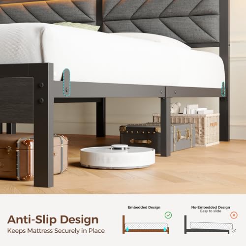 Image of Seventable Full Size Bed Frame with Charging Station & LED Lights, Upholstered Headboard with Storage Shelves, Metal Platform with Under Bed Storage, No Box Spring Needed, Easy Assembly, Dark Grey