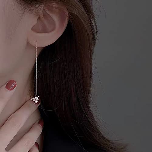 Origami Paper Crane Dangle Drop Earrings Sterling Silver Good Luck Cute Tassel Threader Long Chain Ear Line Stud Earring Minimalist Jewelry Gifts Hypoallergenic for Women Girls3
