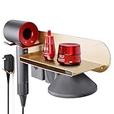 FLE Hair Dryer Holder Wall Mounted with Shelf, Gold Wall Mount Hair Dryer Holder Rack Organizer Compatible for Dyson Supersonic Hair Dryer, Diffuser, Two Nozzles, Power Plug