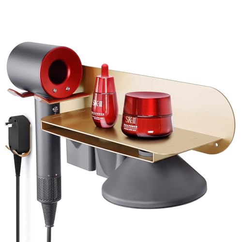 FLE Hair Dryer Holder Wall Mounted with Shelf - Hair Dryer Holder Rack Organizer Compatible for Dyson Supersonic Hair Dryer Gold