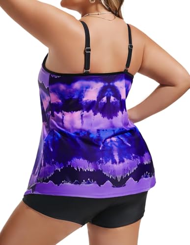 Hanna Nikole Damen Zweiteiliger Tankini Bauchweg Badeanzug A-Linie Badeoberteile für Mollige Lila Tie Dye 46 2