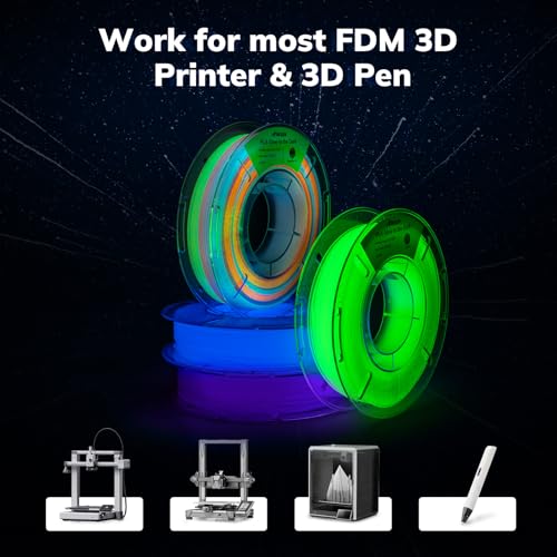 Image of AMOLEN Glow in The Dark 3D Printer Filament Bundle, Glow Filament Multicolor, 5 Meter Rainbow, Green, Blue and Blue-Purple, 1.75mm PLA Filament, Dimensional Accuracy + /- 0.02 mm, 200g X 4 Pack