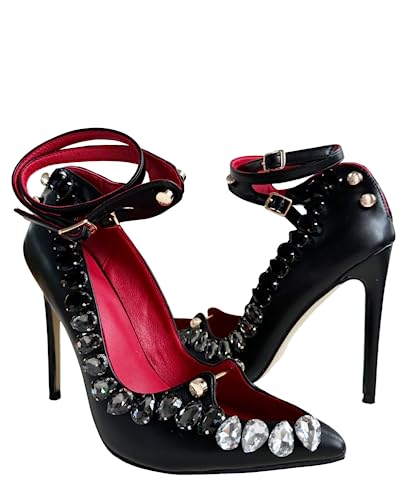 Frankie Hsu Ladies Sexy Elegant Stiletto High Heeled Pumps, Lovely Black Crystal Rhinestone Gem Stone Lovely Red Style, Big Large Size US4-14 Dressy Shoes for Women Men