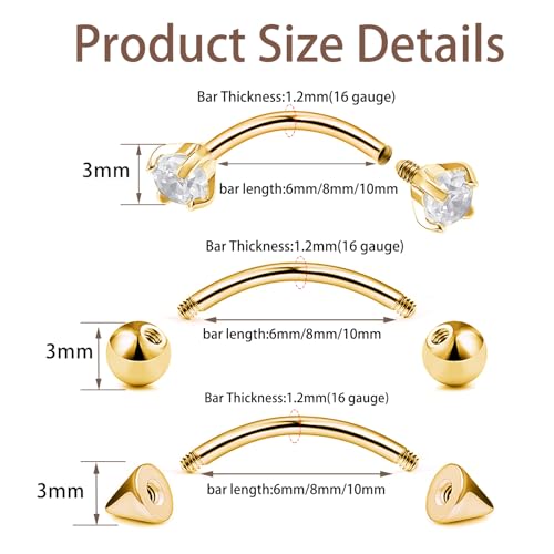 9PCS Gold Eyebrow Piercing Jewelry Titanium, Rook Jewelry Gold Surgical Steel Silver Eyebrow Rings for Women Men CZ Tiny Labret Lip Daith Navel Belly Button Helix Tragus Piercing Jewelry 16G 6mm/8mm/10mm3