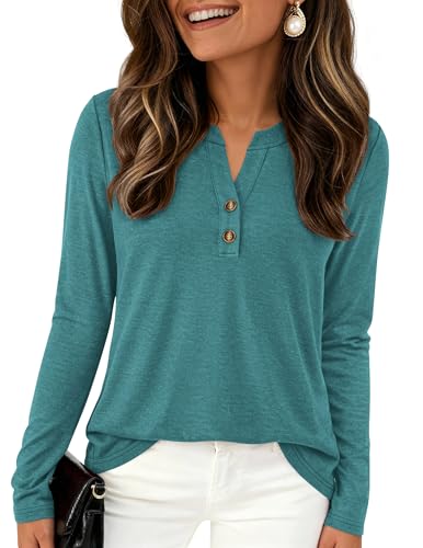 PRETTYGARDEN Long Sleeve Shirts for Women 2026 Spring Fashion Clothing Henley Tops Trendy Dressy Casual Blouses Work Outfits (Blue Green,X-Large)