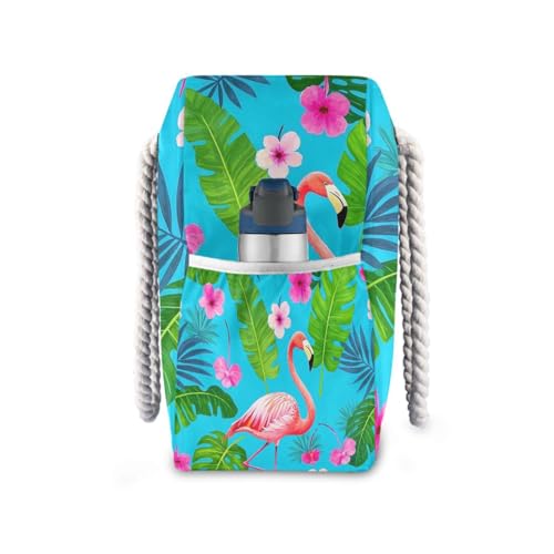 Summer Flamingos Palm Flower Blue Personal Item Travel Bag Waterproof Sandproof with side pockets Large Tote Bag Portable Travel for Swim Pool3