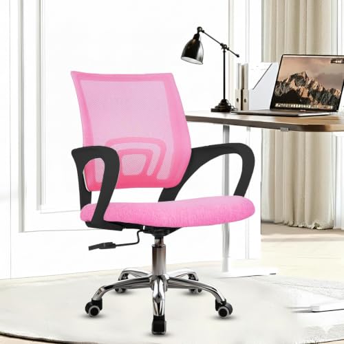 Image of Casa Copenhagen Mesh Mid Back Office /Study /Computer /Revolving /Desk Chair for Work from Home -Metal Base, Height Adjustable Seat- Pink & Black Handle