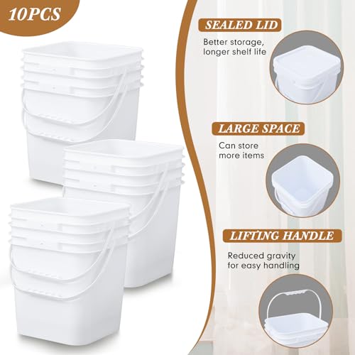 Mumufy 10 Pcs 3.5 Gallon Food Grade Bucket with Lid Plastic Pail with Handle and Lid Buckets for Storing Dry Food Charcoal Camping Fishing(White,11.22 x 9.76 x 8.27 Inches,Square) - Thumbnail 3