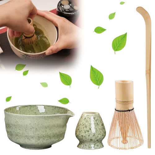 PRITOK Matcha Whisk Set with Ceramic Bowl: 4Pc Japanese Tea Kit, Matcha Bowl, Premium Bamboo Whisk Holder Scoop, Complete Starter Kit for Matcha Lovers (500ml, Green)