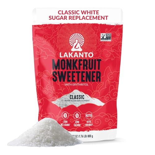 Lakanto Monk Fruit Sweetener With Erythritol, White Sugar Substitute From Monk Fruit Extract, Classic White Sugar Replacement for Baking, Coffee & Tea, Gluten Free, Low Carb, Non GMO, Keto, 1.76 LB Bag
