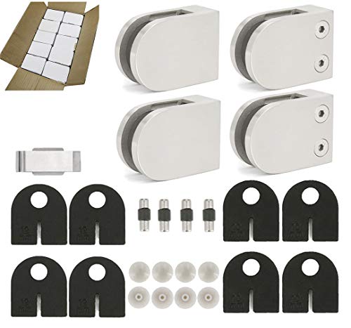 Image of 40-Pack, Stainless Steel 316 Grade Flat Back Round Glass Clamp 63 x 45 mm for 3 /8 inch - 1 /2 inch Tempered Glass or Laminated Glass, Satin Finish (GC-064S-40)