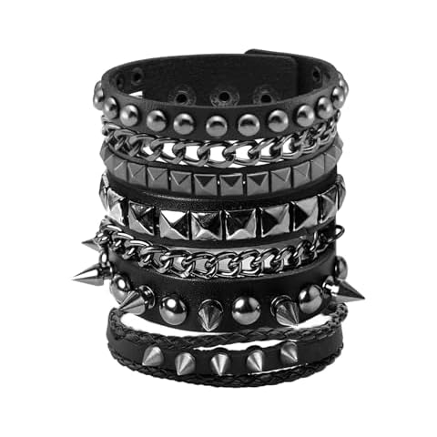 Eigso 3 Pcs Oldschool Cool Punk Steampunk Studded Spikes Rivets Vintage Leather Wide Bracelets for Men and Women with Adjustable Buckle Cover