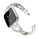 TOYOUTHS Bling Bracelet Compatible with Fitbit Versa/Versa 2 Bands for Women Stainless Steel Wristbands Replacement Versa Lite Edition/Versa SE Accessories Dressy Metal Strap Silver+Dark Rose Gold