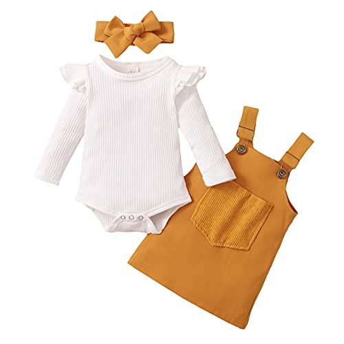 Image of Kupretty Newborn Baby Girl Fall Clothes Ruffle Long Sleeve Ribbed Romper Suspender Skirts Headband Infant Winter Outfit