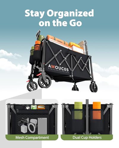 Image of Wagons Carts Foldable, 350LBS Collapsible Wagon with 360 Rotating Wheels, Brakes, and Side Pocket, Large Capacity 160L Wagon Cart for Shopping, Park, Camping and Outdoor Use