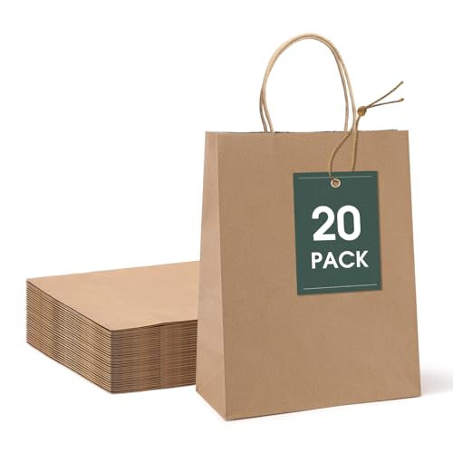 GSSUSA Gift Paper Bags Brown 20 Pack 8X4.25X10.5 Small Shopping Kraft Bags with Handles Reusable for Business,Grocery,Birthday,Wedding,Kids Party,Favors