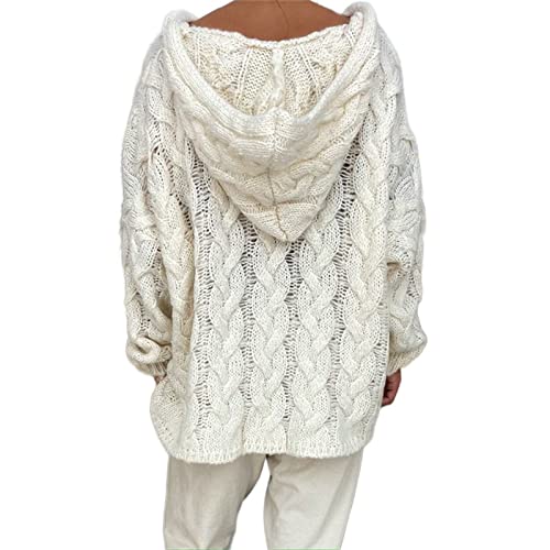 Womens Sweaters Hoodie Long Sleeve V Neck Pullover Solid Color Casual Loose Cable Knit Jumper Tops Hooded (White,X-Large) #TOP3