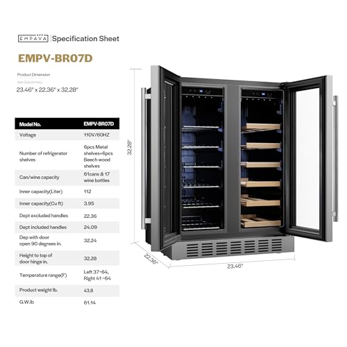 Image of Empava 24 inch Dual Zone Beverage and Wine Cooler Refrigerator with Glass Door, Freestanding Drink Fridge with LED Light, Touch Control, 61 Cans Plus 17 Bottles Capacity