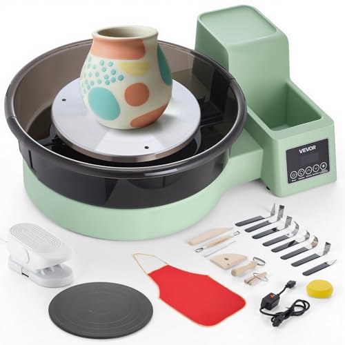 Image of VEVOR Pottery Wheel for Adults, 14 inch and 11 inch Turntables, 450W Electric Table Top Pottery Wheel with Foot Pedal, 30-300 RPM Adjustable Speed, Detachable Basin, for Beginners, DIY Clay Art Craft, Green