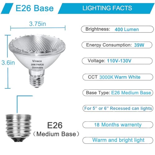 Par30 Short Neck, 6pcs PAR30 39W 120V Halogen Light Bulbs, Dimmable. Premium Quality for Long Lasting Life, E26 Base, 3000K Warm White, par30 Flood Light Great for Accent Lighting, Tracking Lighting