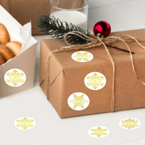 Image of 500Pcs Christmas Stickers Roll for Cards 6 Designs Gold Foil Snowflake Stickers Clear Xmas Winter Holiday Round Adhesive Label Stickers Decal for Xmas Envelopes Invitations Cards Gifts Decor