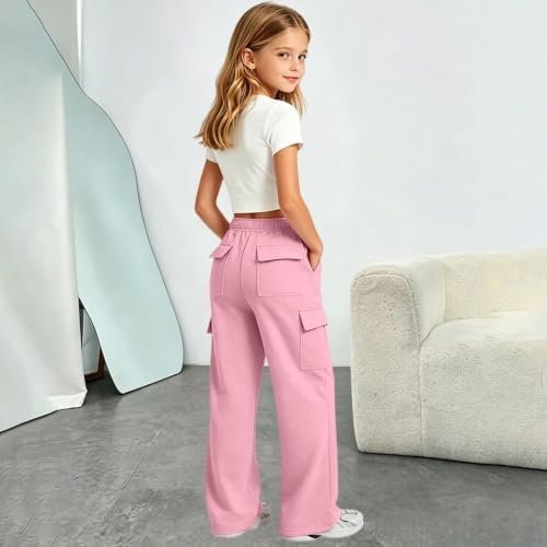 RUIYNFSN Sweat Pants For Girls,Girls Sweatpants Kids Cargo Pants Preppy Wide Leg Baggy Sweat Pants Teen Joggers Casual Trousers with Pockets 02 Pink 130=7-8Years — view 5
