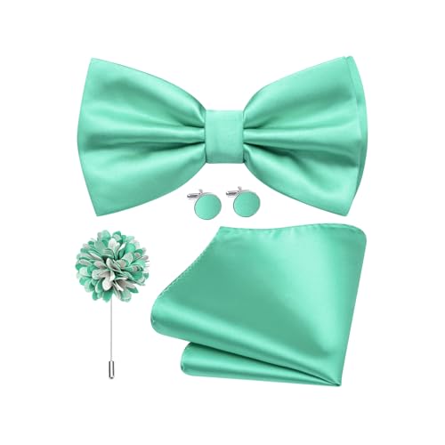 Dubulle Mens Mint Green Pre Tied Bow Ties Formal Solid Adjustable Bowties Pocket Square Lapel Pin Cufflinks 4PCS Set Business Wedding