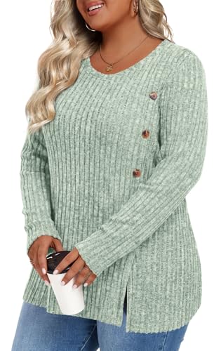Image of HOTGIFT Womens Plus Size Sweater Tops Long Sleeve Crewneck Casual Tunic Shirts Buttons XL-5XL Blouse Soft Comfy Fashion