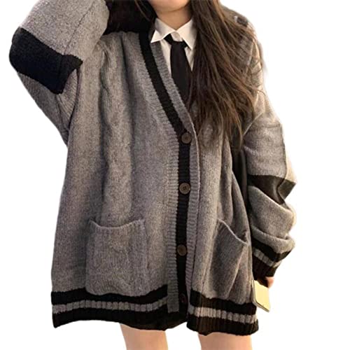 Women's Harajuku Korean Style Loose V-Neck Button Knit Cardigan Preppy Jacket Gray3