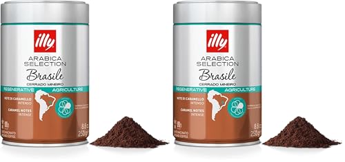 Café molido illy Arabica Selection Brasil Cerrado Mineiro: 100% de agricultura regenerativa - Una lata de 250 g (Paquete de 2)