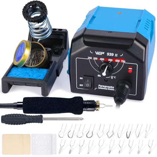 WEP 939-II Pyrography Station Wood Burning Kit 32-IN-1 with 20 Wood Burner Tips Comfort Pen with 2 Letter Number Stencils, 2 Unfinished Wood, 1 Pen Holder Woodburning Tools