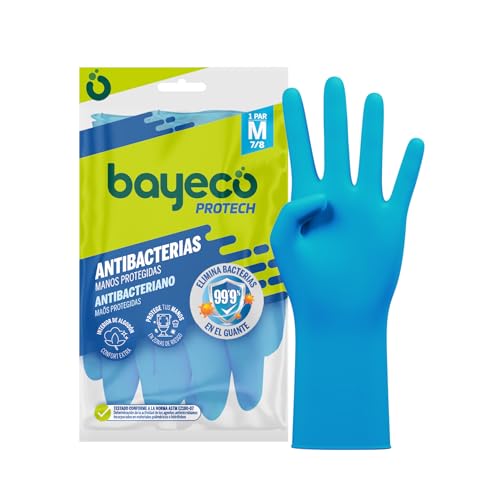 Bayeco - Guantes reutilizables Protect Antibacterias - Extra-protección para la limpieza de tu baño - Color Azul - Interior flocado para menor sudoración y mayor confort - 1 Par - Talla M - imagen 2