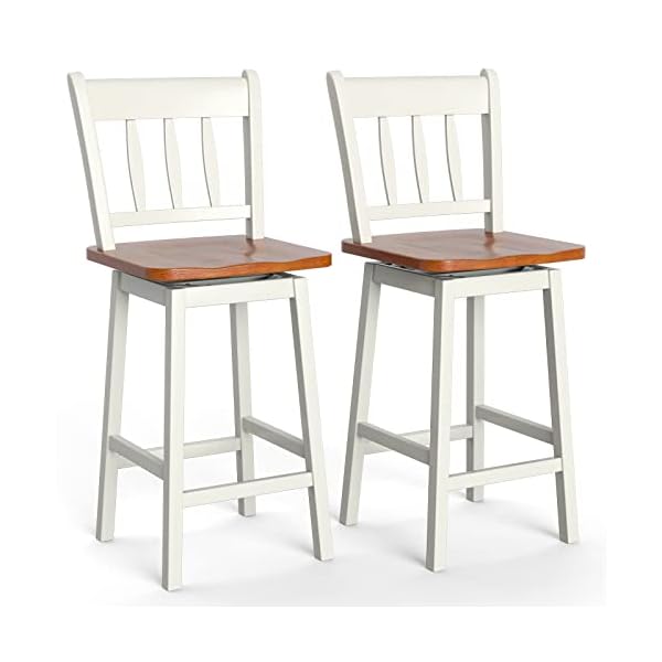 COSTWAY Bar Stools Set of 2, 24.5 Inch Rubber Wood Bar Chairs with 360°Swiveling, Footrest, Swivel Counter Height Barstools Ideal for Kitchen Island, Counter, Pub or Bar (2, White)