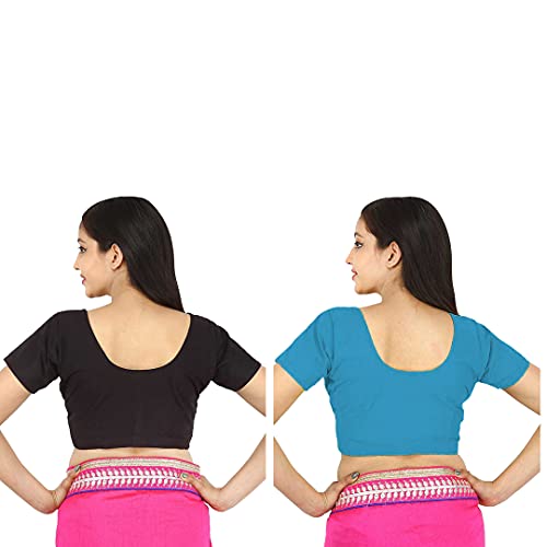 Image of Namita Women's Rubia Cotton Half Sleeve Readymade Blouse (U-COT-COM-2-BLACK-CYAN-36 Black, Cyan 36)