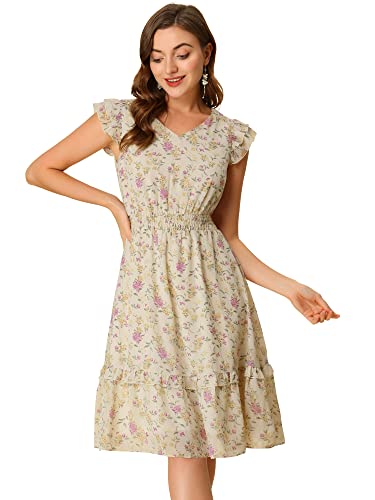 Image of Allegra K Women's Floral Dress Spring Summer V Neck Flutter Sleeve Ruffle Casual Smocked Knee Length Dresses