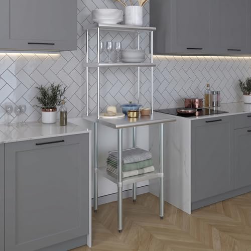 Image of AmGood Stainless Steel Work Table with 12 inch Wide Double Tier Overshelf | Metal Kitchen Prep Table & Shelving Combo | NSF (Stainless Steel Table with Double Overshelves, 24 inch Long x 24 inch Deep)