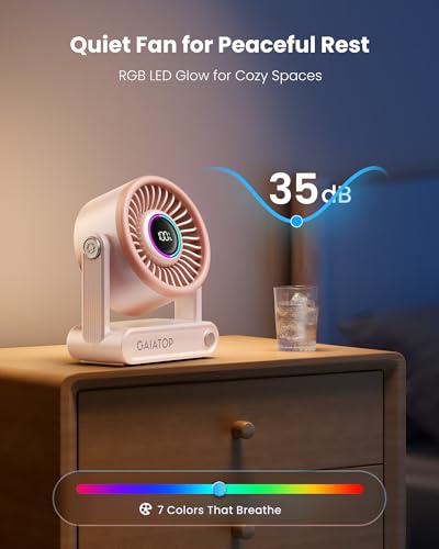 Image of Gaiatop Portable Quiet Desk Fan, 6000mAh Rechargeable Battery Fan with RGB Ring, 18Hrs Runtime, 5-Speed Strong Wind, Bedroom Office Desk Accessories, Gifts for Women Girls Mom (Pink)