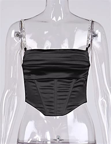 L'vow Women's Sexy Ruched Push Up Satin Bustier Backless Boned Spaghetti Strap Corset Crop Top(Black,Xl) #TOP6