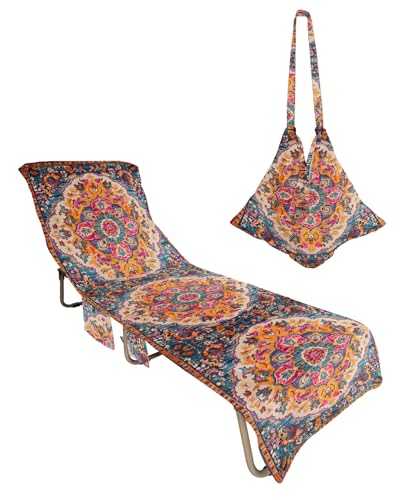 Middle Century Beach Chair Towel Covers for Chaise Lounge with Side Pocket, Soft Plush Pool Towels Cover for Patio Sunbathing Outdoor 29''x85'' Retro Multicolor Ethnic Luxurious Flower