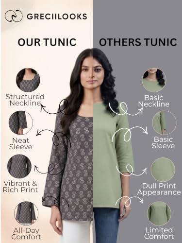 Image of GRECIILOOKS Short Kurti for Women | Floral Printed Short Kurta for Women | Comfortable Rich Office & Casual Kurti`s for Jenas, Leggings & Trousers