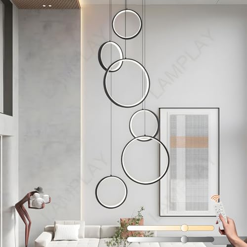 LAMPLAY Lámpara De Araña LED Para Escalera Larga, Lámpara De Techo Alto Con 6 Anillos Negros, Luz Colgante Ajustable En Altura Para Entrada De Bricolaje, Regulable Con Control Remoto 3000K-6000K