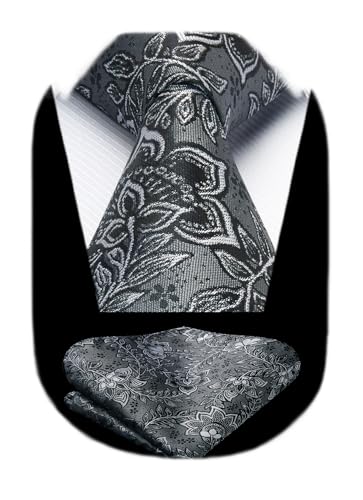 Image of HISDERN Extra Long Ties for Men Classic Floral Tie and Pocket Square Elegant Silk Necktie Handkerchief Set Wedding Party