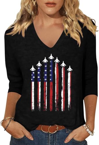 Woffccrd Womens 3/4 Sleeve V Neck American Flag T-Shirts 4th of July Independence Day Summer Graphic Tee Tops (L,DLR1 Black)
