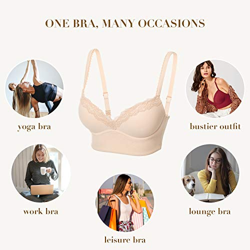 Dobreva Women's Push Up Bra Wireless Padded No Underwire Bralettes Lace Plunge Bras Beige 38C #TOP5