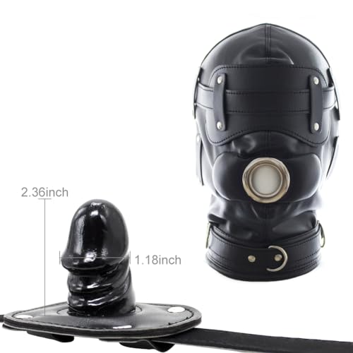 Image of FST Black Leather Bondage Hood,Full Face Blinder Detachable Cover Eye Dildo Mouth Gag Head Hood, for Unisex Adult Play