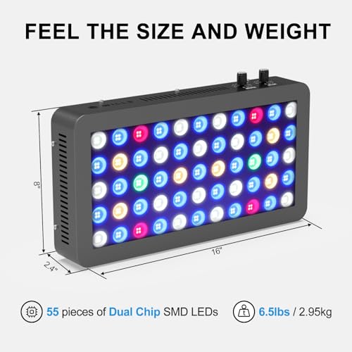 Image of Wills Aquarium Light, 100W Full Spectrum LED Reef Lights, 16 inchx8 inchx2.4 inch | Coral Saltwater Fish Tank, Blue /White Dual Dimmable Channels, 55 Premium SMD LEDs, Daisy Chain Design, Hanging Kit