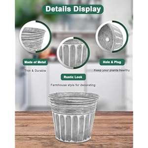 vensovo 7 Inches Silver Metal Rustic Flower Pots 6 Pcs Medium Galvanized Planters with Drainage Hole and Rubber Plug Rustproof Tin Bucket Plant Pot Farmhouse Vintage Style for Decor