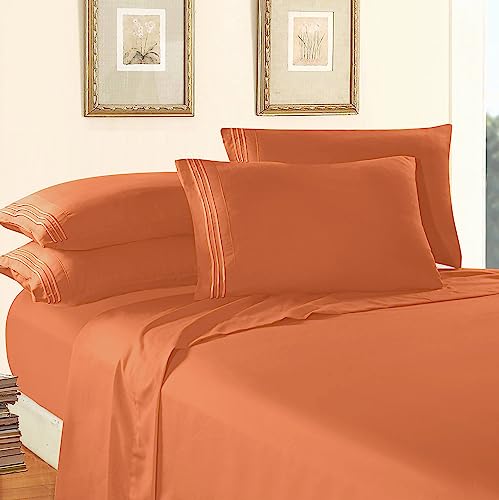 Elegant Comfort Luxury 1500 Premium Hotel Quality Microfiber 4-Piece Sheet Set - Wrinkle Resistant, All Around Elastic Fitted Sheet, Deep Pocket up to 16", King, Coral